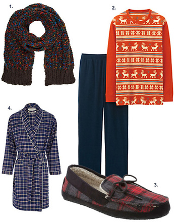 1. Шарф River Island; 2. пижама Uniqlo; 3. тапочки Next; 4. домашний халат River Island