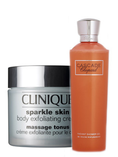Скраб Sparkle Skin Body Exfoliating Cream, Clinique; гель для тела Cascade, Chopard