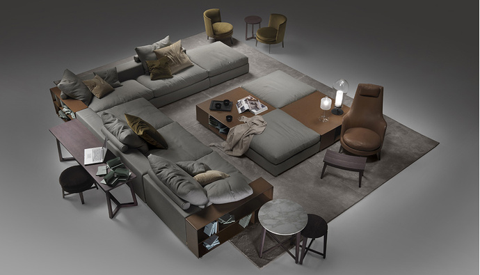 Обстановка гостиной от Flexform. Главный элемент — модульный диван Groundpieсe, дизайн Антонио Читтерио, 2001 год.