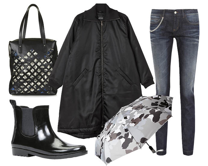 Выбор Elle: джинсы Gucci, галоши Aldo, зонтик GAP, шоппер Topshop