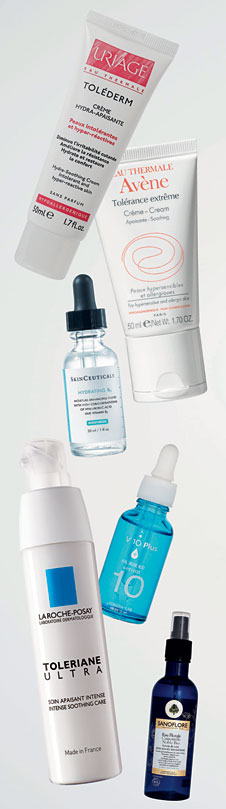 Минималистичные формулы: успокаивающий крем Toléderm, Uriage; разглаживающий крем Tolérance Extrême, Avène; флюид Hydrating B5, SkinCeuticals; крем, снимающий раздражение кожи, Toleriane Ultra, La Roche-Posay; сыворотка Hyaluronic Acid, V 10 Plus; вода ромашки Sanoflore.