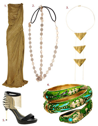 1. Платье Lanvin; 2. украшение для волос Asos; 3. подвеска Nettie Kent; 4. браслет Anna Dello Russo for H&M; 5. туфли River Island