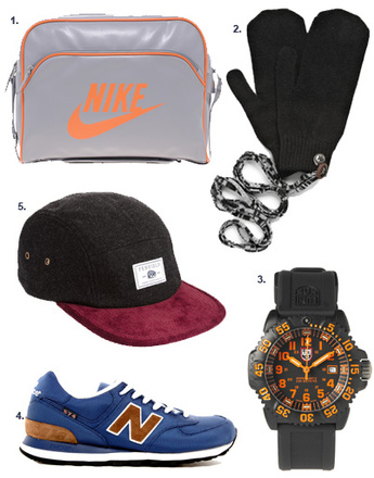 1. Сумка Nike; 2. варежки Paul Smith; 3. часы Luminox; 4. кроссовки New Balance; 5. кепка Penfield