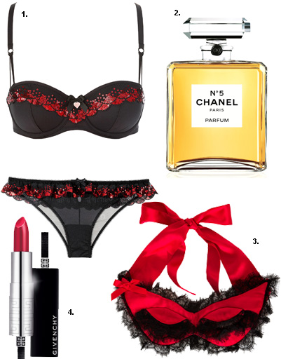 1. Белье La Senza; 2. парфюмерная вода Chanel; маска Agent Provocateur; 4. губная помада Rouge Interdit Givenchy