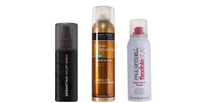1. Спрей Volupt Spray, Sebastian Professional приподнимает волосы у корней и обеспечивает объем без склеивания и жесткости. 2. Лак для волос John Frieda обеспечивает фиксацию и придает блеск темным волосам. 3. Сухой аэрозольный лак средней фиксации Super Clean Spray, Paul Mitchell для всех типов волос. Не утяжеляет, не склеивает волосы, придает пышность и блеск. 1. Спрей Volupt Spray, Sebastian Professional приподнимает волосы у корней и обеспечивает объем без склеивания и жесткости. 2. Лак для волос John Frieda обеспечивает фиксацию и придает блеск темным волосам. 3. Сухой аэрозольный лак средней фиксации Super Clean Spray, Paul Mitchell для всех типов волос. Не утяжеляет, не склеивает волосы, придает пышность и блеск.
