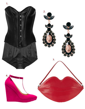 1. Корсет Agent Provocateur, трусы Dolce & Gabbana; 2. серьги Asos; 3. сумка Charlotte Olympia; 4. туфли Zara