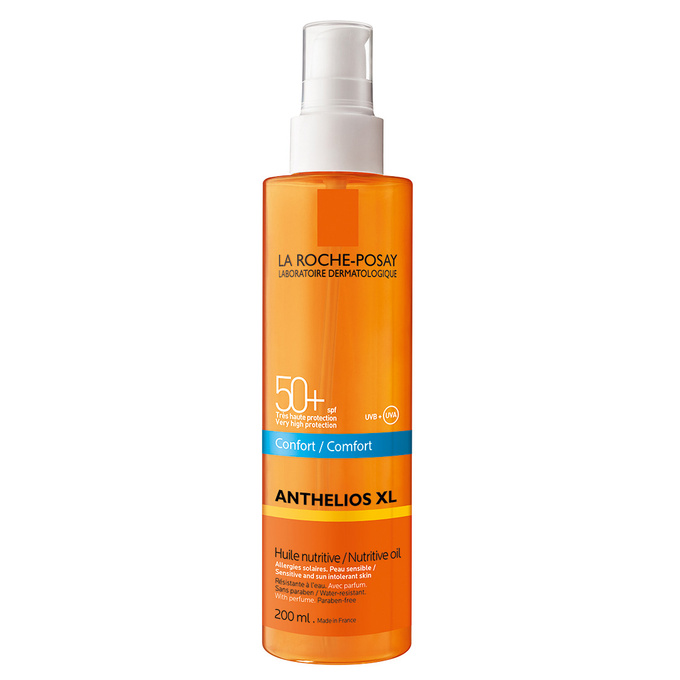 Масло для лица и тела Anthelios XL, La Roche-Posay, обеспечивает небывалую для масла степень защиты – SPF 50+. До этого технологам удавалось делать только SPF 30. В состав этого питательного солнцезащитного средства входит всего 13 компонентов, поэтому оно подходит даже очень чувствительной коже.