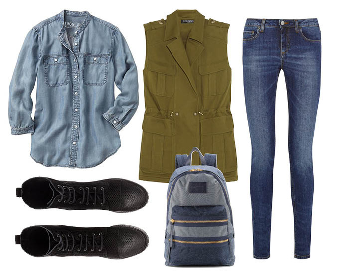 Выбор ELLE: джинсы Victoria Beckham Denim, рубашка GAP, рюкзак Marc by Marc Jacobs, ботинки на шнуровке H&M 