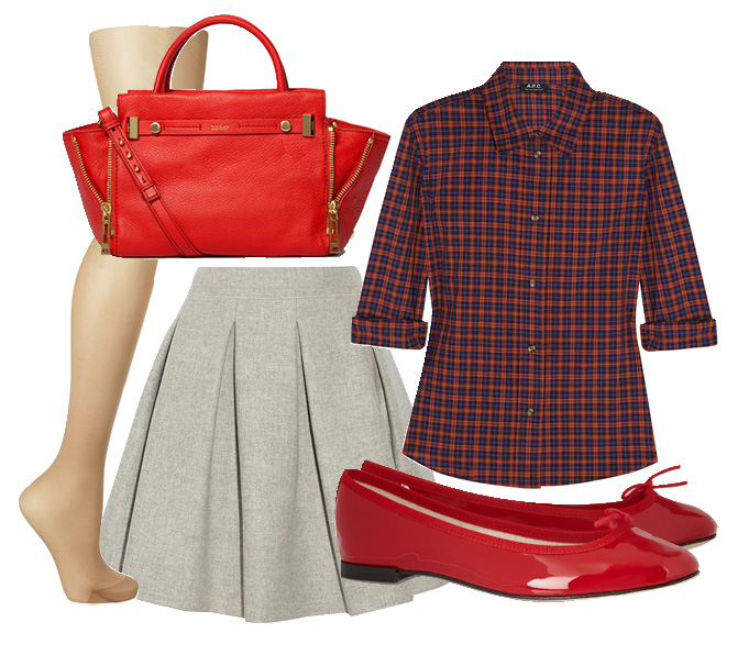 Выбор ELLE: юбка Miu Miu, рубашка A.P.C., колготки La Perla, сумка Botkier