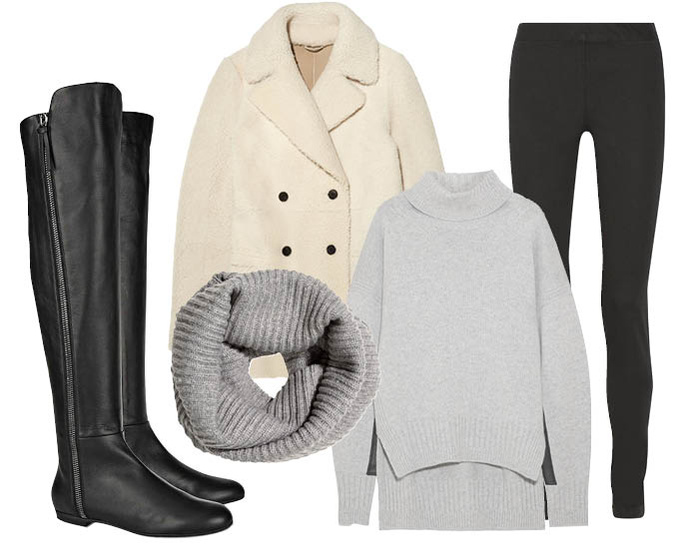 Выбор ELLE: пальто Joseph, джеггинсы The Row, свитер Jil Sander, шарф-снуд H&M