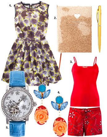 1. Платье Juicy Couture; 2. блокнот Kira Plastinina; 3. пижама Zarina; 4. серьги Asos; 5. часы РФС "Русская зима"