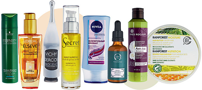 Увлажняющий шампунь Essensity, Schwarzkopf Professional; экстраординарное масло для волос Elseve, L’Oréal Paris; лосьон, стимулирующий рост новых волос, Dercos Neogenic, Vichy; масло Huile Suprême, Secret Professionnel by Phyto; ополаскиватель «Ослепительный бриллиант», Nivea; восстанавливающая и увлажняющая сыворотка Erato, Fresh Line; шампунь Anti-âge, Yves Rocher; увлажняющая маска Rainforest, The Body Shop.