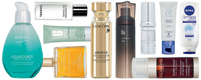 Сыворотка Aquasource Deep Serum, Biotherm; пре-сыворотка Le Weekend de Chanel, Chanel; CC-крем для лица 3 в 1 Superdefense SPF 30, Clinique; масло 2 в 1 для волос и тела Secret de Beauté, Leonor Greyl; сыворотка Absolue Oléo-Sérum, Lancôme; ночная маска-пена, которая наносится на ночной крем, B.A. The Mask, Pola; пре-сыворотка Cellular Power Infusion, La Prairie; CC-крем для волос 10 в 1 Caviar, Alterna; кондиционер для тела, который используется после геля для душа, Nivea; сыворотка Double Serum, Clarins.