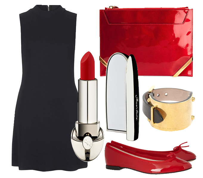 Выбор ELLE: платье TopShop, браслет Alexander McQueen, клатч Pollini, помада Guerlain Rouge G в оттенке Gilda