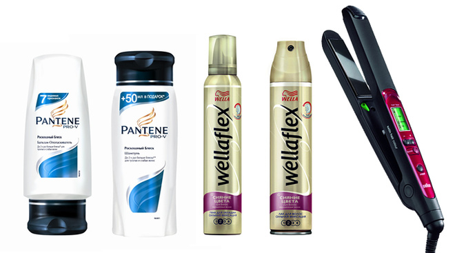 Шампунь и бальзам-ополаскиватель Pantene pro-V из коллекции «Роскошный блеск»; Пенка и лак из коллекции Wellaflex «Сияние цвета»; Стайлер для выпрямления волос Braun Satin Hair Color. Шампунь и бальзам-ополаскиватель Pantene pro-V из коллекции «Роскошный блеск»; Пенка и лак из коллекции Wellaflex «Сияние цвета»; Стайлер для выпрямления волос Braun Satin Hair Color.
