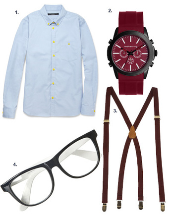 1. Рубашка Marc by Marc Jacobs; 2. часы Red Herring for DEBENHAMS; 3. подтяжки Topshop; 4. оправа Topshop
