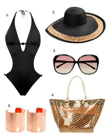 1. Монокини Calvin Klein Swimwear; 2. шляпа Zara; 3. очки Linda Farrow Luxe; 4. сумка Paul's Boutique; 5. браслеты Asos