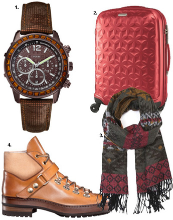 1. Часы Guess; 2. чемодан на колесах Samsonite; 3. шарф Mango; 4. ботинки Santoni