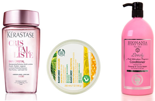 Шампунь Cristalliste, Kerastase; Маска для волос "Тропический лес", The Body Shop; Кондиционер Lovely, Egomania Elena Lenina Шампунь Cristalliste, Kerastase; Маска для волос "Тропический лес", The Body Shop; Кондиционер Lovely, Egomania Elena Lenina