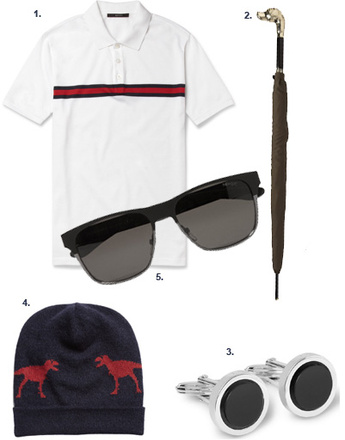 1. Поло Gucci; 2. зонт Burberry Prorsum; 3. запонки Lanvin; 4. шапка Jil Sander; 5. солнцезащитные очки Yves Saint Laurent