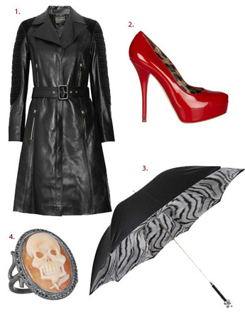 1. Плащ Versace; 2. туфли Dolce & Gabbana; 3. зонт Pasotti; 4. кольцо Amedeo
