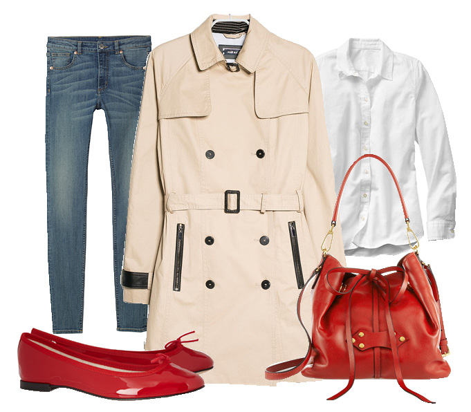 Выбор ELLE: рубашка GAP, джинсы Monki, плащ-тренч Mango, сумка Miu Miu