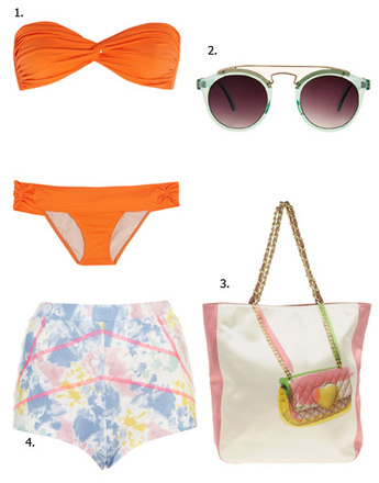 1. Купальник Tara Matthews; 2. очки Asos; 3. сумка Moschino Cheap & Chic; 4. шорты Topshop