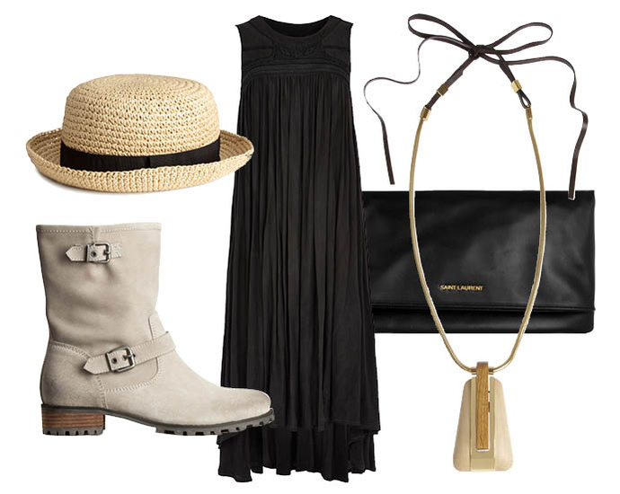 Выбор ELLE: платье Asos, колье Lanvin, шляпа H&M, клатч Saint Laurent
