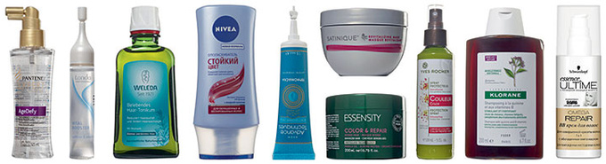 Pantene Pro-V Средство для утолщения волос Expert Collection AgeDefy; Londa Professional Сыворотка Vital Booster; Weleda Тоник с розмарином; Nivea Ополаскиватель «Стойкий цвет»; Avon Термомаска Advance Techniques «Всесторонний уход»; Amway Восстанавливающая маска Satinique; Schwarzkopf Professional Маска Color & Repair; Yves Rocher Спрей для окрашенных волос; Klorane Шампунь с хинином и витамином B; Schwarzkopf BB-крем Essence Ultîme Omega Repair.