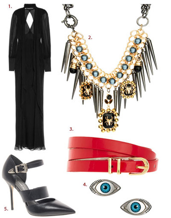 1. Платье Skaist Taylor; 2. ожерелье Asos; 3. ремень Asos; 4. серьги Asos; 5. туфли River Island