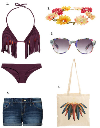 1. Купальник Tori Praver; 2. аксессуар для волос River Island; 3. очки AJ Morgan; 4. сумка Borders & Frontiers; 5. шорты Mango