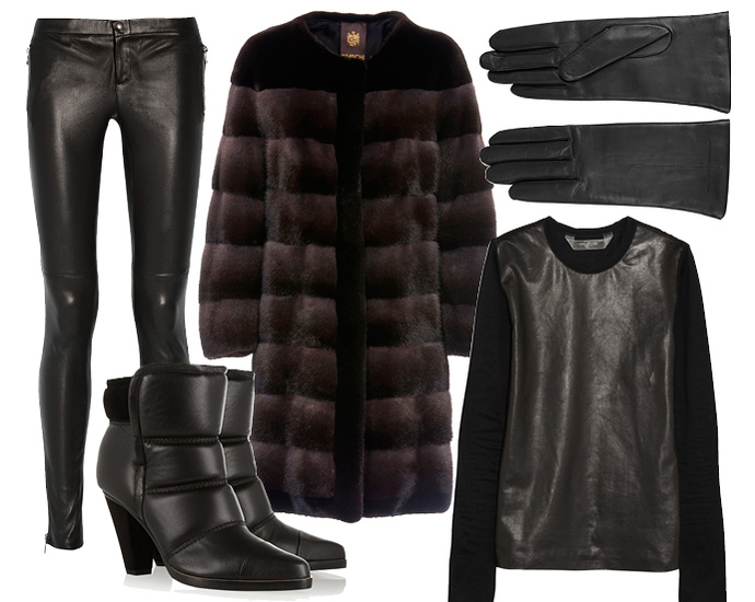 Выбор ELLE: кожаные брюки Gucci, кожаный топ Reed Krakoff, перчатки Givenchy, ботильоны Chloe