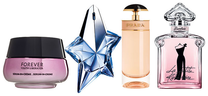 Yves Saint Laurent Крем-сыворотка Forever Youth Liberator; Thierry Mugler Парфюмированная вода Angel; Prada Туалетная вода Candy L’eau; Guerlain Парфюмированная вода La Petite Robe Noire Couture.