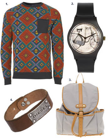 1. Свитер Topshop; 2. часы MAY 28TH; 3. рюкзак Asos; 4. кожаный браслет Diesel