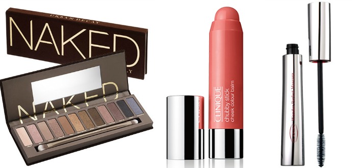 Палетка Urban Decay Naked, румяна в стике Clinique Chubby Stick Cheek Colour Balm, оттенок Ampd’ Up Apple, тушь Clarins Wonder Perfect, оттенок 01 Wonder Black