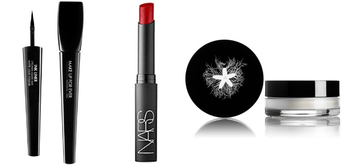 Подводка Make Up For Ever Ink Liner, оттенок 1 Matte Black, помада NARS Pure Matte Lipstick, оттенок Vesuvio, прозрачная рассыпчатая пудра Rouge Bunny Rouge Diaphanous