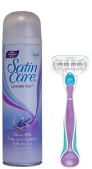 Нежное бритье обеспечат бритва Venus Embrace в паре с гелем для бритья Satin Care «Поцелуй лаванды» с маслом лаванды. Нежное бритье обеспечат бритва Venus Embrace в паре с гелем для бритья Satin Care «Поцелуй лаванды» с маслом лаванды.