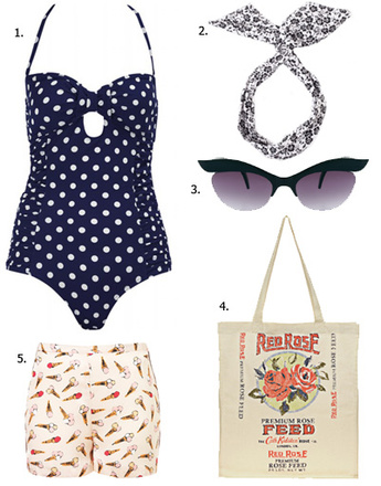 1. Купальник Dotothy Perkins; 2. повязка American Apparel; 3. очки Asos; 4. сумка Cath Kidston; 5. шорты Topshop