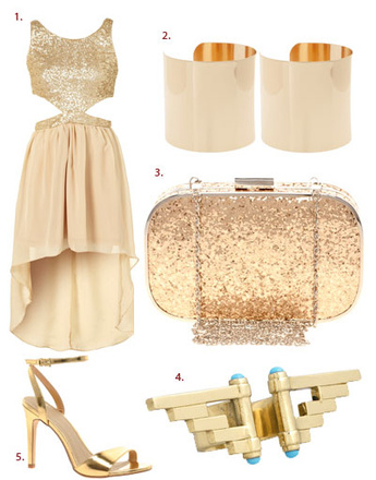 1. Платье Topshop; 2. браслеты Asos; 3. клатч Oasis; 4. кольцо Pamela Love; 5. туфли Asos