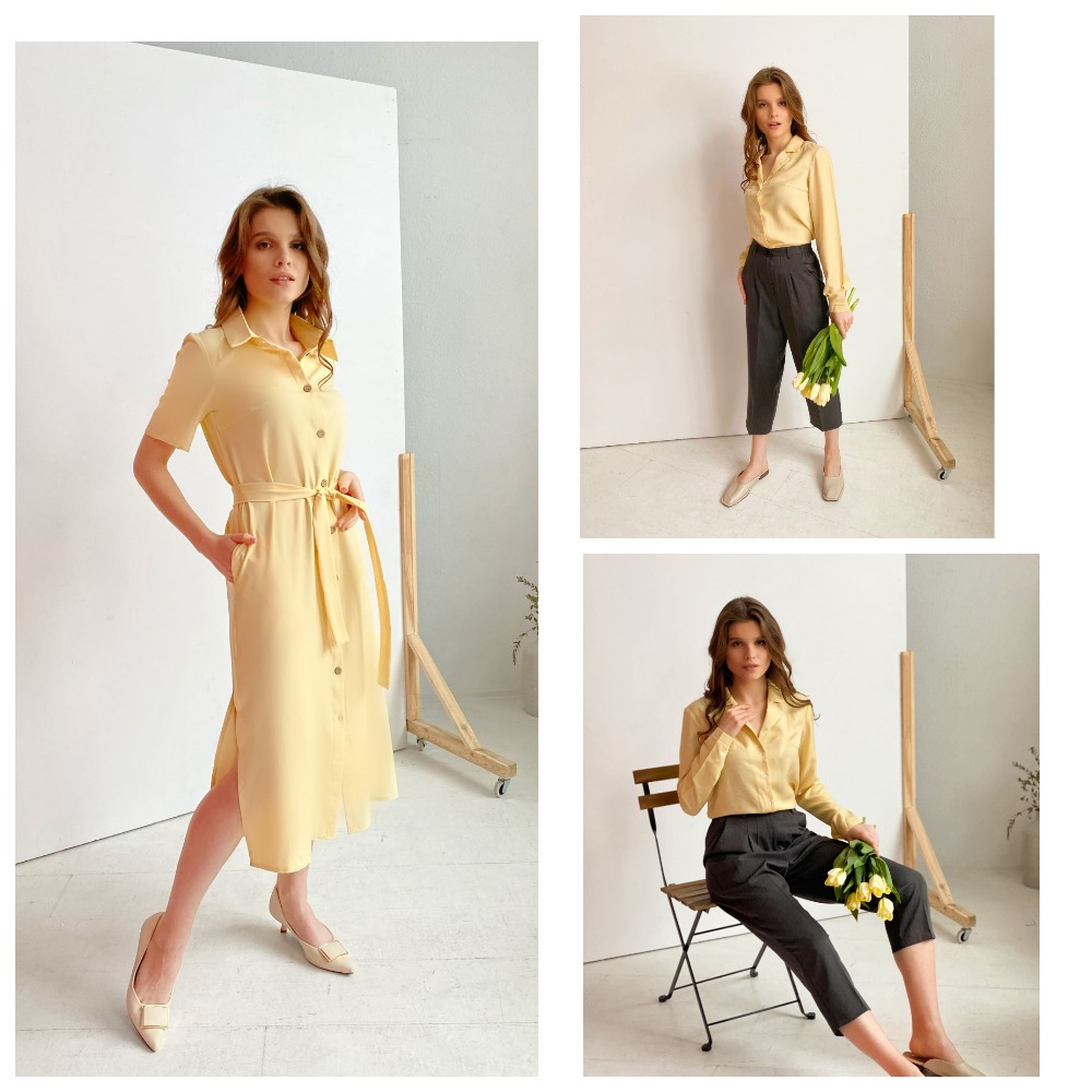 Платье-рубашка в стиле сафари из костюмного хлопка с разрезами в лимонном оттенке , любимая блузка в лимонной матовой вискозе и брюки 7/8 из костюмной ткани Платье-рубашка в стиле сафари из костюмного хлопка с разрезами в лимонном оттенке , любимая блузка в лимонной матовой вискозе и брюки 7/8 из костюмной ткани