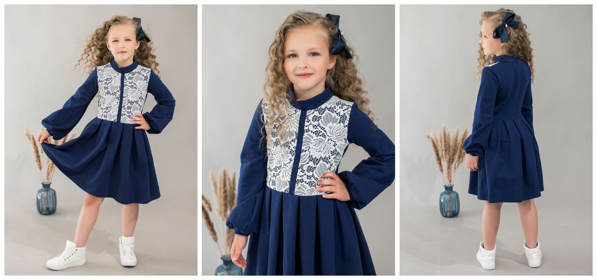 Платье школьное из футера синего цвета для девочки с воротником-стойкой Платье школьное из футера синего цвета для девочки с воротником-стойкой