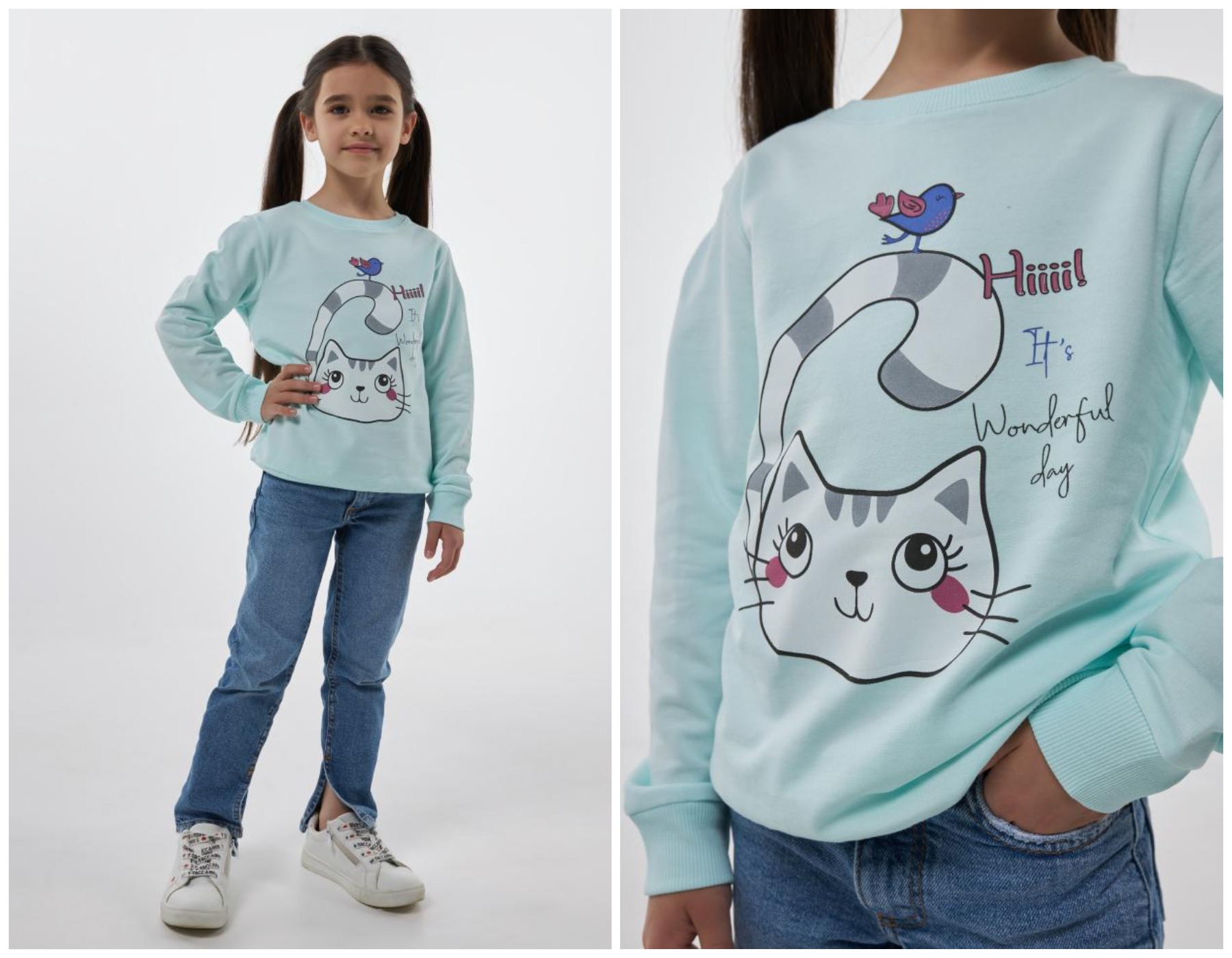 ВЫГОДНО! Джемпер из футера нежного светло-голубого цвета с принтов Киска для девочки всего за 353 руб (было 420=) Размеры 98-122 ВЫГОДНО! Джемпер из футера нежного светло-голубого цвета с принтов Киска для девочки всего за 353 руб (было 420=) Размеры 98-122