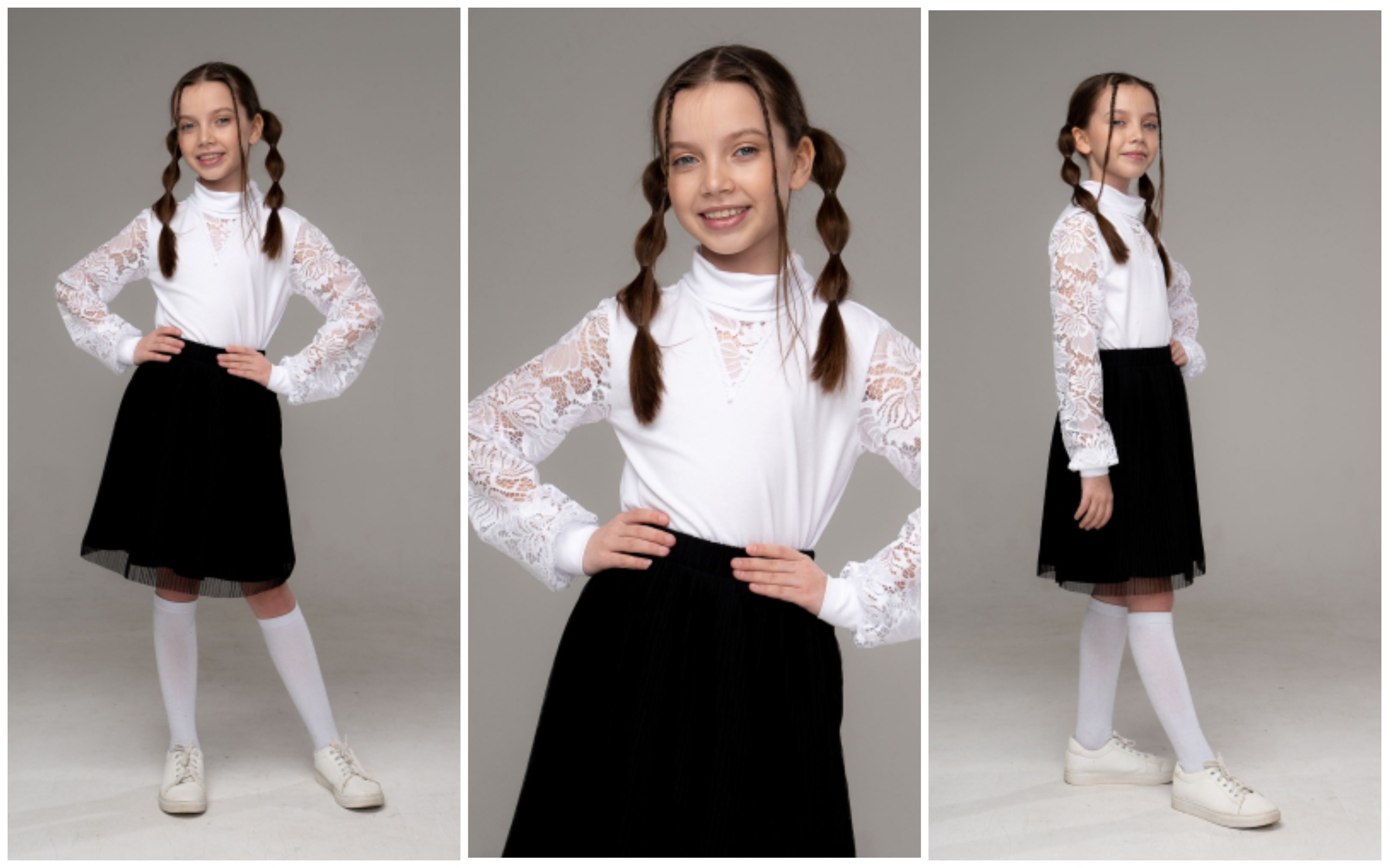 ИДЕАЛЬНО ДЛЯ ШКОЛЫ! ВСЕГО 562 РУБ.+%! Водолазка (блузка) из кулирки белого цвета для девочки. Рукава из элегантного кружева, с манжетами. Стойка-воротник. И кокетливый треугольник из кружева по груди. ИДЕАЛЬНО ДЛЯ ШКОЛЫ! ВСЕГО 562 РУБ.+%! Водолазка (блузка) из кулирки белого цвета для девочки. Рукава из элегантного кружева, с манжетами. Стойка-воротник. И кокетливый треугольник из кружева по груди.