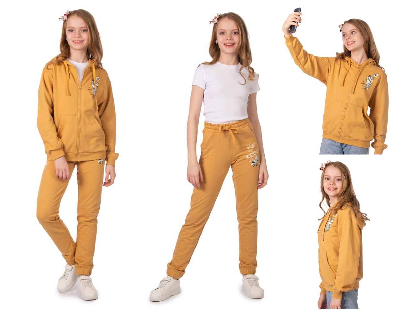 Соберите классный костюм в горчичном цвете для девочек! Толстовка и в комплект брюки с принтом в р. 128-146 Соберите классный костюм в горчичном цвете для девочек! Толстовка и в комплект брюки с принтом в р. 128-146