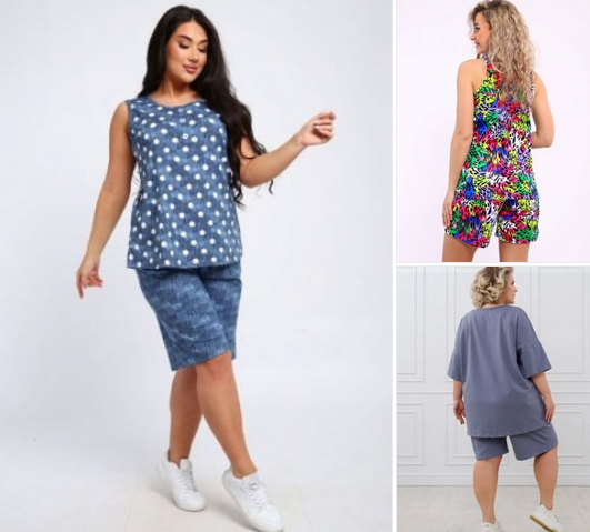 КОСТЮМЫ ТРИКОТАЖНЫЕ ЖЕНСКИЕ, есть большие размеры до 74 С ШОРТАМИ, С БРИДЖАМИ, С БРЮКАМИ КОСТЮМЫ ТРИКОТАЖНЫЕ ЖЕНСКИЕ, есть большие размеры до 74 С ШОРТАМИ, С БРИДЖАМИ, С БРЮКАМИ