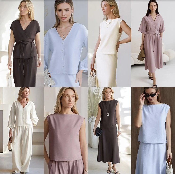 Самая весенняя коллекция из лиоцелла в нежных пастельных оттенках. Трендовые силуэты: удлиненный жилет в азиатском стиле и укороченная блузка с пышными рукавами. Любимые модели: брюки палаццо и топ с горловиной лодочка. Вне времени: платье А-силуэта и пря Самая весенняя коллекция из лиоцелла в нежных пастельных оттенках. Трендовые силуэты: удлиненный жилет в азиатском стиле и укороченная блузка с пышными рукавами. Любимые модели: брюки палаццо и топ с горловиной лодочка. Вне времени: платье А-силуэта и пря