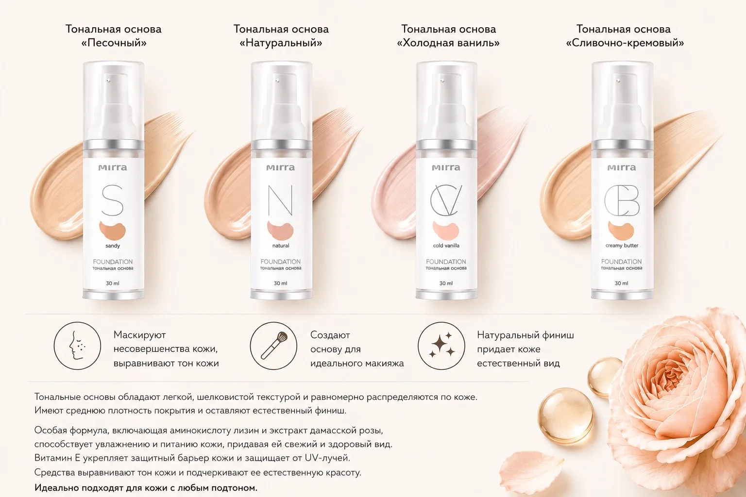 Тональные основы Mir**ra - естественное покрытие и комфорт для Вашей кожи, с УФ-защитой Тональные основы Mir**ra - естественное покрытие и комфорт для Вашей кожи, с УФ-защитой