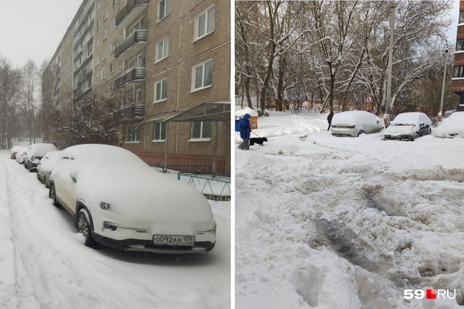 Сейчас водителям приходится заниматься нелегким спортом — откапывать своих ласточек из-под снега | Источник: Тимофей Калмаков, Наталия Главатских / 59.RU