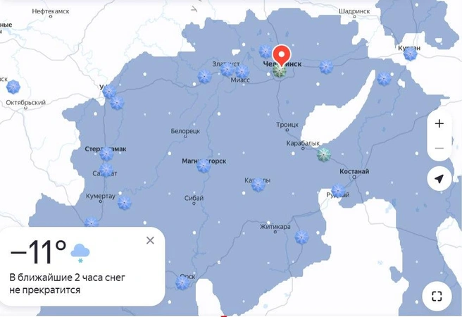 Снегопад накроет большую часть Челябинской области  | Источник: Yandex.ru / maps