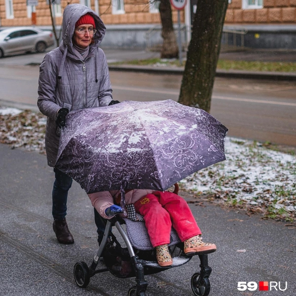 А вот ребенку в коляске никакой снег не страшен: надежно укрывает зонт | Источник: Тимофей Калмаков / 59.RU